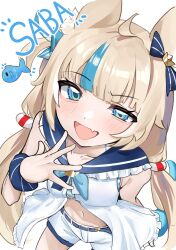 Rule 34 | 1girl, absurdres, ahoge, animal ears, blue bow, blue eyes, blue hair, blue scrunchie, bow, cat ears, character name, dress, fang, fins, fish girl, fish tail, hair bow, highres, indie virtual youtuber, lifebuoy hair ornament, long hair, low twintails, one side up, ronanandresgavi, sameko saba, sameko saba (fish), scrunchie, short shorts, shorts, skin fang, sleeveless, sleeveless dress, solo, tail, twintails, very long hair, virtual youtuber, white dress, white shorts