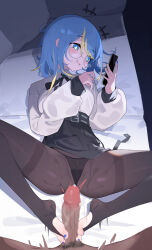 1girl absurdres blue_eyes blue_hair blush cellphone feet footjob glasses highres long_hair looking_at_phone multicolored_hair panties panties_under_pantyhose pantyhose phone qiyuu_7u smartphone smile streaked_hair toeless_legwear toes underwear