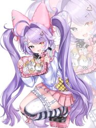 1girl absurdres ahoge blue_eyes blush bow frilled_thigh_strap hair_bow hair_ornament hairclip headphones headphones_around_neck heterochromia highres holding kuma_piv long_hair long_sleeves looking_at_viewer open_mouth orange_eyes pink_skirt shirt single_thighhigh skirt smile solo stellive striped_clothes striped_shirt striped_thighhighs tenko_shibuki thigh_strap thighhighs twintails virtual_youtuber