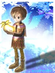 1boy absurdres black_eyes black_shirt boots border brown_boots brown_hair capelet commentary_request dragon_quest dragon_quest_ix food fruit full_body glowing hero_(dq9) highres holding holding_food holding_fruit looking_at_object male_focus moyapippi multicolored_capelet purple_capelet red_capelet shirt short_hair solo striped_leggings white_border yellow_leggings