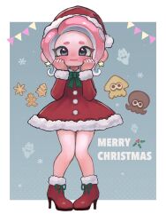 1girl arms_up blush border bow bowtie christmas commentary_request dress full_body gingerbread_man green_bow green_bowtie grey_background grey_eyes hat high_heels highres knees_together_feet_apart medium_hair merry_christmas nintendo octoling octoling_girl octoling_player_character oekakirisuke outside_border pink_hair red_dress red_hat santa_hat short_dress short_eyebrows snowflake_background solo splatoon_(series) splatoon_3 streamers tentacle_hair thick_eyebrows white_border