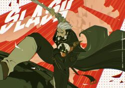 &gt;_&lt; 1boy 1other abs animal_ears artist_name bara beard black_pants carrying carrying_person closed_eyes closed_mouth commentary doodlefish english_commentary eous_(zenless_zone_zero) ethereal_(zenless_zone_zero) facial_hair highres holding holding_sword holding_weapon instagram_username jacket leather leather_jacket muscular muscular_male mustache non-humanoid_robot pants pectoral_cleavage pectorals pompey_(zenless_zone_zero) rabbit_ears robot signature sword twitter_username weapon zenless_zone_zero
