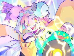 1girl absurdres bellibolt blue_hair bow-shaped_hair character_hair_ornament commentary creatures_(company) english_commentary game_freak gen_1_pokemon gen_4_pokemon hair_ornament highres iono_(pokemon) jacket long_hair long_sleeves looking_at_viewer magnemite mismagius multicolored_hair nintendo open_mouth oversized_clothes pink_hair pokemon pokemon_sv sharp_teeth sleeves_past_fingers sleeves_past_wrists smile split-color_hair spybblez teeth two-tone_hair upper_body very_long_sleeves x yellow_eyes yellow_jacket