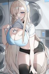 1girl absurdres alternate_costume asuna_(blue_archive) between_breasts black_choker black_thighhighs blue_archive blue_bra blue_eyes bra breasts brown_hair choker cleavage clothes_lift commentary_request dolphin_shorts doodle_sensei_(blue_archive) hair_over_one_eye hand_on_own_thigh highres large_breasts leaning_forward long_hair looking_at_viewer mouth_hold navel sensei_(blue_archive) shirt shirt_lift short_sleeves shorts siwa_(st_ekfrlfkep) skindentation smile solo thighhighs thighs underwear very_long_hair washing_machine white_shirt