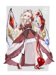 1girl aimii_mii alternate_hair_length alternate_hairstyle ascot blonde_hair bobby_socks dress flandre_scarlet frilled_hat frills hat laevatein_(touhou) long_hair mob_cap one_side_up red_dress red_eyes red_shirt red_shoes shirt shoes socks solo touhou two-tone_dress very_long_hair white_dress white_hat white_socks yellow_ascot