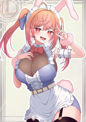 1girl animal_ears apron bare_shoulders black_thighhighs blue_dress blush breasts cleavage dress garter_straps hair_ornament hairclip highres hololive ichijou_ririka large_breasts looking_at_viewer maid maid_headdress open_mouth orange_hair orange_nails rabbit_ears rabbit_girl rabbit_tail red_eyes regloss_(hololive) reiwa_rerere see-through_cleavage see-through_clothes sleeveless sleeveless_dress smile solo tail thighhighs twintails v virtual_youtuber waist_apron