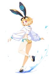 1girl animal_ears anklet ass bikini blonde_hair bracelet disgaea disgaea_rpg eyewear_on_head full_body harada_takehito high_heels jewelry long_sleeves non-web_source official_art open_mouth photoshop_(medium) pink_eyes platform_sandals rabbit_ears rabbit_tail red_eyes sandals see-through_clothes short_hair side-tie_bikini_bottom solo splashing standing standing_on_one_leg sunglasses swimsuit tail transparent_background usalia_(disgaea)