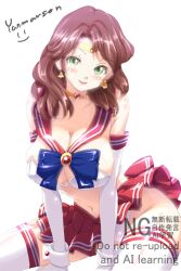 1girl artist_name bishoujo_senshi_sailor_moon blue_bow blush bow breasts brown_hair circlet cleavage closed_mouth commentary_request cosplay_request dorothea_arnault fire_emblem fire_emblem:_three_houses gem green_eyes highres jewelry large_breasts long_hair looking_at_viewer miniskirt navel neck_ring nintendo panties red_gemstone red_skirt revealing_clothes skindentation skirt smile solo thick_thighs thighs twitter_username underwear upskirt watermark wavy_hair white_panties yanmarson
