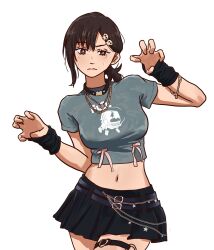 1girl absurdres black_arm_warmers black_skirt brown_eyes brown_hair chainsaw_man claw_pose crop_top grey_shirt hair_ornament higashiyama_kobeni highres looking_at_viewer miniskirt navel pluvion ponytail shirt simple_background skirt skull_hair_ornament solo sweat white_background