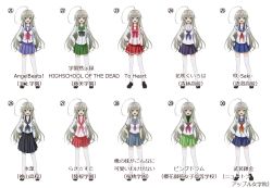 1girl :d ahoge angel_beats! armlet black_bow black_bowtie black_skirt blue_skirt blush bow bowtie busou_renkin buttons reference_sheet chart cosplay full_body green_eyes green_skirt haiyore!_nyaruko-san hanasaku_iroha hand_on_own_hip highschool_of_the_dead hip_focus hyouka jewelry kamiyama_high_school_uniform_(hyouka) long_hair long_sleeves looking_at_viewer lucky_star mawaru_penguindrum neckerchief necktie nora-toro nyarlathotep_(nyaruko-san) open_mouth ore_no_imouto_ga_konna_ni_kawaii_wake_ga_nai pink_bow pink_bowtie pink_shirt purple_skirt red_necktie red_skirt sailor_collar saki_(manga) school_uniform serafuku shirt silver_hair simple_background skirt smile thighhighs to_heart to_heart_(series) very_long_hair white_background white_shirt white_thighhighs zettai_ryouiki