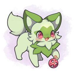 Rule 34 | absurdres, animal focus, ball, blush, fang, highres, nintendo, no humans, open mouth, pawpads, pink eyes, pokemon, pokemon (creature), sevi (seviyummy), signature, smile, solo, sprigatito, toy