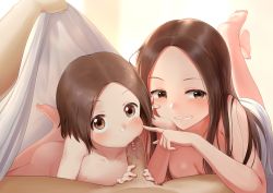 1boy 2girls age_difference babu barefoot blush breasts brown_eyes brown_hair cheek_bulge cleavage collarbone erection family father_and_daughter feet fellatio finger_to_cheek flat_chest grin group_sex hetero husband_and_wife incest karakai_jouzu_no_(moto)_takagi-san karakai_jouzu_no_takagi-san loli long_hair looking_at_viewer lying male_pubic_hair mature_female medium_breasts mother_and_daughter multiple_girls nipples nishikata nishikata_chii nude on_back on_stomach oral oyakodon_(sex) penis penis_nursing pov pubic_hair saliva small_areolae small_nipples smile soles spread_legs takagi-san toes uncensored under_covers