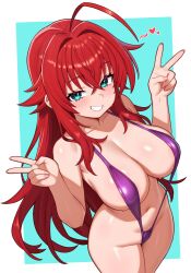 1girl absurdres ahoge aqua_eyes border breasts double_v grin heart high_school_dxd highres large_breasts long_hair looking_at_viewer moursho navel purple_slingshot_swimsuit red_hair rias_gremory slingshot_swimsuit smile stomach swimsuit v very_long_hair white_border