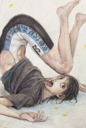 1boy :o abs absurdres amenochimido arms_at_sides barefoot bib_shorts bike_shorts black_hair black_shirt brown_eyes clothes_lift colored_pencil_(medium) commentary full_body highres legs_up long_tongue looking_afar male_focus midousuji_akira midriff_peek on_floor open_mouth painting_(medium) pale_skin pose_request raised_eyebrows shirt shirt_lift short_hair solo symbol-only_commentary t-shirt tongue tongue_out traditional_media twitter_username upside-down watercolor_(medium) wide-eyed yowamushi_pedal
