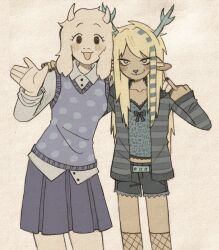 2girls :d aged_down animal_ears antlers arm_around_shoulder black_eyes black_nails blonde_hair blue_bow blue_eyes blue_shirt blue_shorts blue_skirt blue_streaks blue_sweater_vest bow breasts car cardigan carol_holiday collared_shirt commentary cowboy_shot deer_ears deltarune denim denim_shorts english_commentary fishnet_socks fishnets furry furry_female goat_ears goat_girl goat_horns highres horns long_hair looking_at_viewer middle_finger motor_vehicle multicolored_hair multiple_girls open_cardigan open_clothes open_mouth pleated_skirt reindeer_antlers reindeer_girl shirt shorts sidelocks skirt small_breasts smile smirk socks streaked_hair striped_cardigan sweater_vest szivarvanyturmix02 toriel two-tone_hair waving white_fur