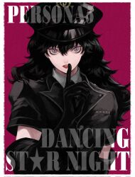 1boy amamiya_ren black_gloves black_hat black_jacket black_necktie border collared_shirt copyright_name crossdressing elbow_gloves finger_to_mouth gloves grey_eyes hair_between_eyes hand_up hat highres jacket lips long_hair looking_at_viewer male_focus necktie official_alternate_costume parted_lips persona persona_5 persona_5:_dancing_star_night persona_dancing police police_hat police_uniform purple_background saichuu_(more1208) shirt short_sleeves simple_background solo trap upper_body wavy_hair white_border