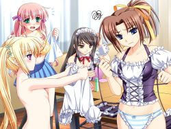 4girls ayatsuki_riri black_hair blonde_hair blush bow bow_panties bra breasts brown_hair dressing ero_smash flat_chest game_cg hair_ribbon himori_sakurako lingerie maid medium_breasts multiple_girls nagase_shione nipples nude panties pink_hair ribbon saeki_hokuto small_breasts squiggle striped_clothes striped_panties tawaramaki_ui topless_female underwear undressing