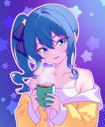 Rule 34 | 1girl, absurdres, bare shoulders, blue eyes, blue hair, collarbone, cup, earrings, finn flint, flat chest, hair between eyes, hair ornament, halftone, halftone background, highres, holding, holding cup, hololive, hoshimachi suisei, jewelry, looking at viewer, mug, off shoulder, polka dot, polka dot background, side ponytail, sidelocks, smile, solo, star (symbol), star earrings, star hair ornament, star in eye, symbol in eye, upper body, virtual youtuber