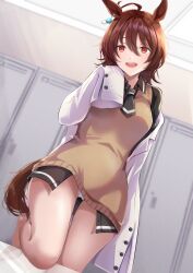 1girl absurdres agnes_tachyon_(umamusume) ahoge animal_ears barefoot black_necktie black_shirt brown_hair buttons chizoku_sawa collared_shirt dutch_angle earrings empty_eyes hair_between_eyes hand_up highres horse_ears horse_girl horse_tail indoors jewelry lab_coat locker long_sleeves looking_at_viewer medium_hair necktie no_pants open_mouth panties red_eyes shirt short_necktie single_earring sleeves_past_fingers sleeves_past_wrists smile solo standing standing_on_one_leg sweater_vest tail umamusume underwear white_panties wing_collar