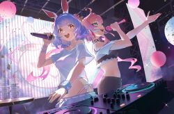 2girls :d absurdres animal_ear_fluff animal_ears balloon blue_eyes blue_hair crop_top green_nails highres holding holding_microphone hololive hololive_dev_is indoors kikirara_vivi long_hair medium_hair microphone mixing_console multiple_girls open_mouth pink_hair rabbit_ears rasa_k red_eyes side-tie_peek smile usada_pekora very_long_hair virtual_youtuber
