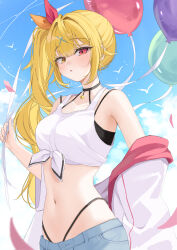 1girl absurdres balloon bare_shoulders blonde_hair blue_sky cloud cloudy_sky commentary_request crop_top day front-tie_top hair_intakes hair_ornament heterochromia highleg highleg_panties highres holding holding_balloon hoshikawa_sara hoshikawa_sara_(1st_costume) jacket looking_at_viewer moku_yoi navel nijisanji off_shoulder panties panty_straps red_eyes shirt short_shorts shorts side_ponytail sky solo tank_top tied_shirt underwear virtual_youtuber white_jacket white_tank_top x_hair_ornament yellow_eyes