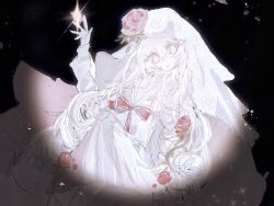 1girl akama_chlorine arm_up black_background dress flower grey_dress grey_eyes grey_hair hair_between_eyes highres long_hair messy_hair original parted_lips red_flower red_ribbon ribbon simple_background solo veil very_long_hair white_veil