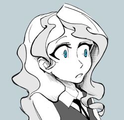 Rule 34 | 1girl, blue background, blue eyes, commentary, diana cavendish, greyscale with colored background, homagetoerrata, little witch academia, long hair, looking to the side, luna nova school uniform, parted lips, portrait, school uniform, simple background, solo, spot color