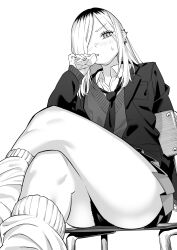 1girl absurdres bandages blush chair crossed_legs ear_piercing earrings greyscale gyaru hair_over_one_eye haru-chan_(hei_taiyou) hei_taiyou highres jacket jewelry long_hair loose_socks monochrome necktie original panties piercing pleated_skirt school_uniform sitting skirt socks solo underwear