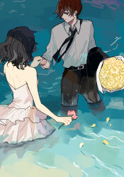 Rule 34 | 1boy, 1girl, alternate costume, back, belt, black belt, black hair, black jacket, black necktie, black pants, bouquet, brown eyes, brown hair, chinese commentary, closed mouth, commentary request, dress, flower, holding, holding bouquet, holding flower, holding hands, jabuchi you, jacket, medium hair, necktie, pants, pink flower, saibou shinkyoku, short hair, strapless, strapless dress, wading, white dress, xuetiaobugouzhang, yanagi nina, yellow flower