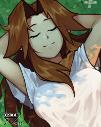 1girl absurdres arms_behind_head artist_name breasts brown_hair closed_eyes highres large_breasts long_hair lying malon nintendo orlek shirt sleeping smile solo the_legend_of_zelda