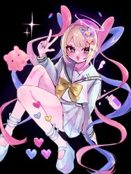 Rule 34 | 1girl, :d, blonde hair, blue eyes, blue hair, blue serafuku, blunt bangs, blush, bow, chest bow, chouzetsusaikawa tenshi-chan, colored tips, drugs, full body, hair bow, halo, heart, highres, knees up, looking at viewer, multicolored hair, multicolored nails, multiple hair bows, needy girl overdose, on ground, open mouth, osakana tarou (sakana0 03), pill, pill bottle, pink hair, platform sandals, quad tails, sandals, school uniform, serafuku, sitting, smile, solo, sparkle, stuffed animal, stuffed toy, v
