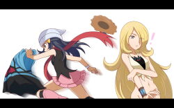 ! 2girls asatsuki_(fgfff) beanie black_hair blonde_hair blue_eyes blue_hair blue_sarong boots breasts clothes_pull crop_top cynthia_(pokemon) cynthia_(summer_2025)_(pokemon) dawn_(pokemon) flower grey_eyes hair_ornament hair_over_one_eye hairclip hat hat_flower highres holding long_hair multiple_girls nintendo official_alternate_costume open_mouth pink_boots pokemon pokemon_dppt pokemon_masters_ex sarong scarf shirt skirt sleeveless striped_clothes sun_hat sweatdrop very_long_hair white_hat
