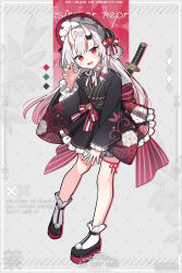 1girl absurdres alternate_costume back_bow bell black_footwear black_kimono bonnet bow claw_pose commentary_request english_text full_body gradient_hair grey_background highres hololive horns japanese_clothes kimono lolita_fashion long_sleeves looking_at_viewer multicolored_hair nakiri_ayame open_mouth pink_hair red_background red_bonnet red_bow red_eyes sidelocks smile socks solo striped_bow sword sword_on_back two-tone_background virtual_youtuber wa_lolita waka_(wk4444) watermark weapon weapon_on_back white_hair white_socks