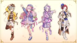 4boys :d :| ;d ahoge ankle_strap ascot award_ribbon badge bag belt beret black_vest blonde_hair bloomers blue_ascot blue_eyes blue_footwear blue_hat blue_jacket blue_ribbon blunt_bangs boots bow bow_earrings bowtie brown_belt brown_footwear brown_hat brown_necktie brown_ribbon brown_thighhighs button_badge candy candy_cane candy_hair_ornament candy_jar capelet center_frills churro clock_over_orquesta closed_mouth coat collared_dress collared_shirt colored_tips cowboy_hat crossdressing donut donut_hair_ornament dress earrings expressionless fold-over_boots food food-themed_bag food-themed_hair_ornament food-themed_hat_ornament footwear_bow french_cruller frilled_capelet frilled_dress frilled_shorts frilled_sleeves frilled_socks frills full_body gears gloves green_ribbon grey_eyes grey_hair hair_behind_ear hair_between_eyes hair_ornament hair_over_shoulder hair_ribbon hairclip hand_on_headwear hand_on_own_hip hand_up hat hat_bow hat_ornament heart heart_hair_ornament holding holding_candy holding_food holding_lollipop jacket jelly_bean jewelry lace-up_boots lapels legwear_garter lollipop long_hair long_sleeves looking_at_viewer low-tied_long_hair low_ponytail male_focus mary_janes mini_hat mini_shako_cap multicolored_hair multiple_boys nana_tetra neck_ribbon necktie notched_lapels official_art one_eye_closed open_clothes open_coat open_jacket open_mouth otoha_iosuke outstretched_arm parted_bangs pink_bow pink_bowtie pink_dress pink_eyes pink_ribbon plaid_clothes pon_de_ring ponytail puffy_long_sleeves puffy_sleeves purple_eyes purple_footwear purple_shorts red_hair ribbon sakaki_yairo shako_cap shirt shoes short_hair shorts shoulder_bag side_part sidelocks single_earring single_thighhigh sleeve_cuffs sleeve_garter sleeve_ribbon smile socks standing star_(symbol) star_hair_ornament striped_bow striped_bowtie striped_clothes striped_socks suspender_shorts suspenders swirl_lollipop tenma_nanase tenma_rikka thigh_strap thighhighs trap underwear vest white_bloomers white_capelet white_coat white_footwear white_gloves white_shirt white_shorts white_socks wrapped_candy yellow_background yellow_eyes yellow_jacket yellow_ribbon