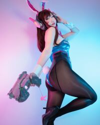 Rule 34 | animal ears, ass, cosplay, d.va (overwatch), d.va (overwatch) (cosplay), danisaurz, fake animal ears, from side, gun, high heels, highres, holding, holding weapon, leotard, pantyhose, rabbit ears, rabbit tail, weapon