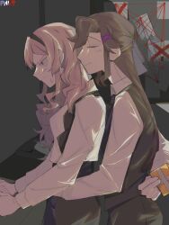 Rule 34 | 2girls, black jacket, blonde hair, blush, box, brown hair, closed eyes, couple, embarrassed, gift, gift box, hair ornament, hair ribbon, hairpin, headband, holding, holding gift, hug, hug from behind, jacket, light blush, light smile, multiple girls, pants, red eyes, ribbon, saijou claudine, shirt, shoujo kageki revue starlight, shoujo kageki revue starlight -re live-, shy, smug, tendou maya, white shirt