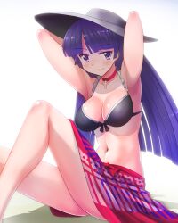 1girl armpits beach bikini black_bra blunt_bangs bra breasts clip_studio_paint_(medium) cross cross_necklace fate/grand_order fate_(series) frilled_bikini frills hat highres jewelry looking_at_viewer martha_(fate) martha_(swimsuit_ruler)_(fate) midriff mono_(moiky) necklace presenting_armpit purple_eyes purple_hair sarong sitting smile solo sun_hat swimsuit underwear white_background