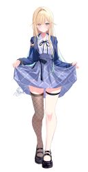 1girl absurdres aizawa_ema aqua_hair black_ribbon black_shoes blonde_hair blue_jacket blue_skirt blush brown_thighhighs closed_mouth collared_shirt fishnet_thighhighs fishnets full_body gradient_hair highres jacket loafers long_sleeves looking_at_viewer meercat_dayo multicolored_hair neck_ribbon ribbon school_uniform shirt shirt_tucked_in shoes signature simple_background single_thighhigh skirt solo standing thigh_strap thighhighs virtual_youtuber vspo! white_background white_shirt