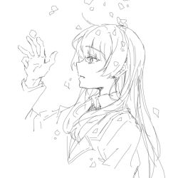 1girl bang_dream! bang_dream!_it&#039;s_mygo!!!!! chihaya_anon chinese_commentary collared_shirt commentary_request falling_petals greyscale haneoka_school_uniform highres long_hair monochrome muonrei00 necktie parted_lips petals school_uniform shirt smile solo