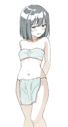 1girl arms_behind_back bandeau blush_stickers bow commentary_request embarrassed green_hair hair_bow loincloth love_live! love_live!_nijigasaki_high_school_idol_club medium_hair mifune_shioriko navel open_mouth red_eyes sketch tata_(tataice) white_background yellow_bow