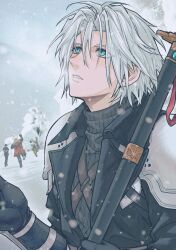 1girl 3boys aged_down aqua_eyes armor black_coat black_gloves coat final_fantasy final_fantasy_vii final_fantasy_vii_ever_crisis frogccc333 glenn_lodbrok gloves grey_hair hair_between_eyes highres holding holding_sword holding_weapon long_sleeves looking_up lucia_lin lucia_lin_(marksqueen) male_focus materia matt_winsord multiple_boys official_alternate_costume outdoors parted_bangs parted_lips red_coat sephiroth sephiroth_(ever_crisis) short_hair shoulder_armor slit_pupils snow snowball snowball_fight snowing solo_focus sweater sword turtleneck turtleneck_sweater upper_body weapon winter