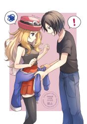 1boy 1girl black_hair black_shirt black_thighhighs blonde_hair blue_jacket blush breasts calem_(pokemon) closed_mouth clothes_around_waist eyewear_on_headwear grey_eyes hat highres jacket jacket_around_waist long_hair nintendo open_mouth pants pokemon pokemon_xy red_hat red_skirt serena_(pokemon) shirt short_hair short_sleeves skirt sleeveless sleeveless_shirt sunglasses thighhighs white-framed_eyewear yomogi_(black-elf)