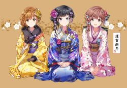 3girls adagaki_aki black_eyes black_gloves black_hair blue_kimono blunt_bangs blush braid brown_eyes brown_hair closed_mouth floral_print fujinomiya_neko fur_trim gloves hair_between_eyes hair_ornament highres japanese_clothes kimono koiwai_yoshino light_brown_hair long_sleeves looking_at_viewer masamune-kun_no_revenge mole mole_under_eye multiple_girls new_year obi open_mouth pink_kimono sash sitting smile tiv wide_sleeves yellow_kimono