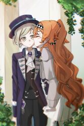 Rule 34 | 2girls, absurdres, ascot, blonde hair, cheek-to-cheek, closed eyes, couple, grey hair, hair bun, hairband, hat, heads together, highres, jewelry, long hair, long sleeves, multiple girls, nuzzle, orange hair, pants, plaid clothes, plaid hairband, ponytail, reverse:1999, sarong, short hair, single side bun, sonetto (reverse:1999), two side up, vertin (reverse:1999), very low bun, ximizhou, yellow eyes, yuri