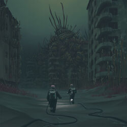 2others ashes backpack bag building cable dilapidated highres multiple_others outdoors plant ruins science_fiction simon_stalenhag the_labyrinth
