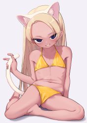 1girl absurdres animal_ear_fluff animal_ears bare_arms bare_legs bare_shoulders barefoot bikini blonde_hair blue_eyes blush bouen cat_ears cat_tail commentary_request fake_animal_ears flat_chest forehead full_body grey_background hairband highres holding_tail loli long_hair looking_at_viewer navel original parted_lips shadow simple_background smile solo swimsuit tail very_long_hair white_hairband yellow_bikini