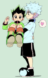 artist_request bare_legs black_shorts boots carrying carrying_partner child gon_freecss green_hair green_jacket green_shorts grey_hair grey_shirt highres hunter_x_hunter jacket killua_zoldyck legs madhouse shirt shoes shorts shounen_jump sneakers spiked_hair yaoi