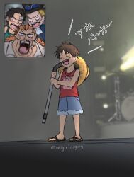 1girl 3boys ^_^ aged_down ascot black_hair blank_eyes blonde_hair blue_shorts blush closed_eyes commentary curly_dadan english_commentary fan_screaming_at_madison_beer_(meme) hat highres holding meme missing_tooth monkey_d._luffy multiple_boys music one_piece onigiridaging open_mouth orange_hair portgas_d._ace red_tank_top sabo_(one_piece) sandals shorts singing straw_hat tank_top white_ascot