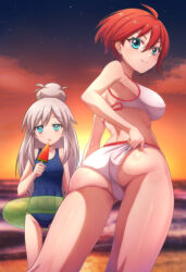 2girls adjusting_clothes adjusting_swimsuit ahoge amate_yuzuriha ass beach bikini blue_eyes blue_one-piece_swimsuit breasts closed_mouth deux_murasame earrings food freckles green_innertube grey_hair gundam gundam_gquuuuuux hair_bun highres holding holding_food holding_popsicle jewelry large_breasts long_hair looking_at_viewer looking_back multiple_girls ocean one-piece_swimsuit popsicle red_hair ryusei2u short_hair smile sunset swimsuit tongue tongue_out watermelon_bar white_bikini