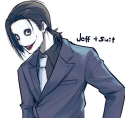 Rule 34 | 1boy, bags under eyes, black eyes, black hair, black shirt, black suit, black vest, collared shirt, crazy grin, creepypasta, curtained hair, english text, formal clothes, glasgow smile, hair slicked back, hand on own hip, head tilt, highres, icekana, jeff the killer, looking at viewer, low ponytail, male focus, neckerchief, ponytail, shirt, simple background, solo, suit, upper body, vest, white background, white neckerchief